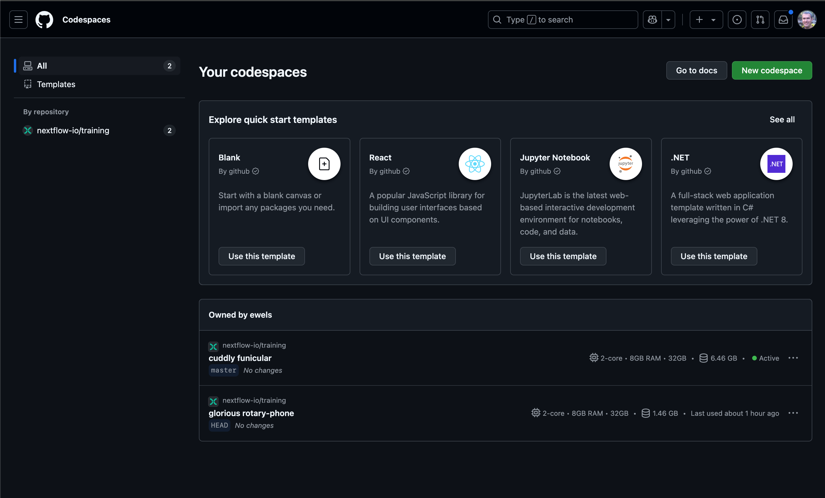 List GitHub Codespace sessions