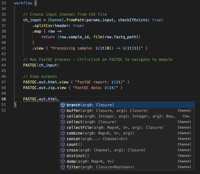 Kanal-Operationen Auto-Vervollständigung