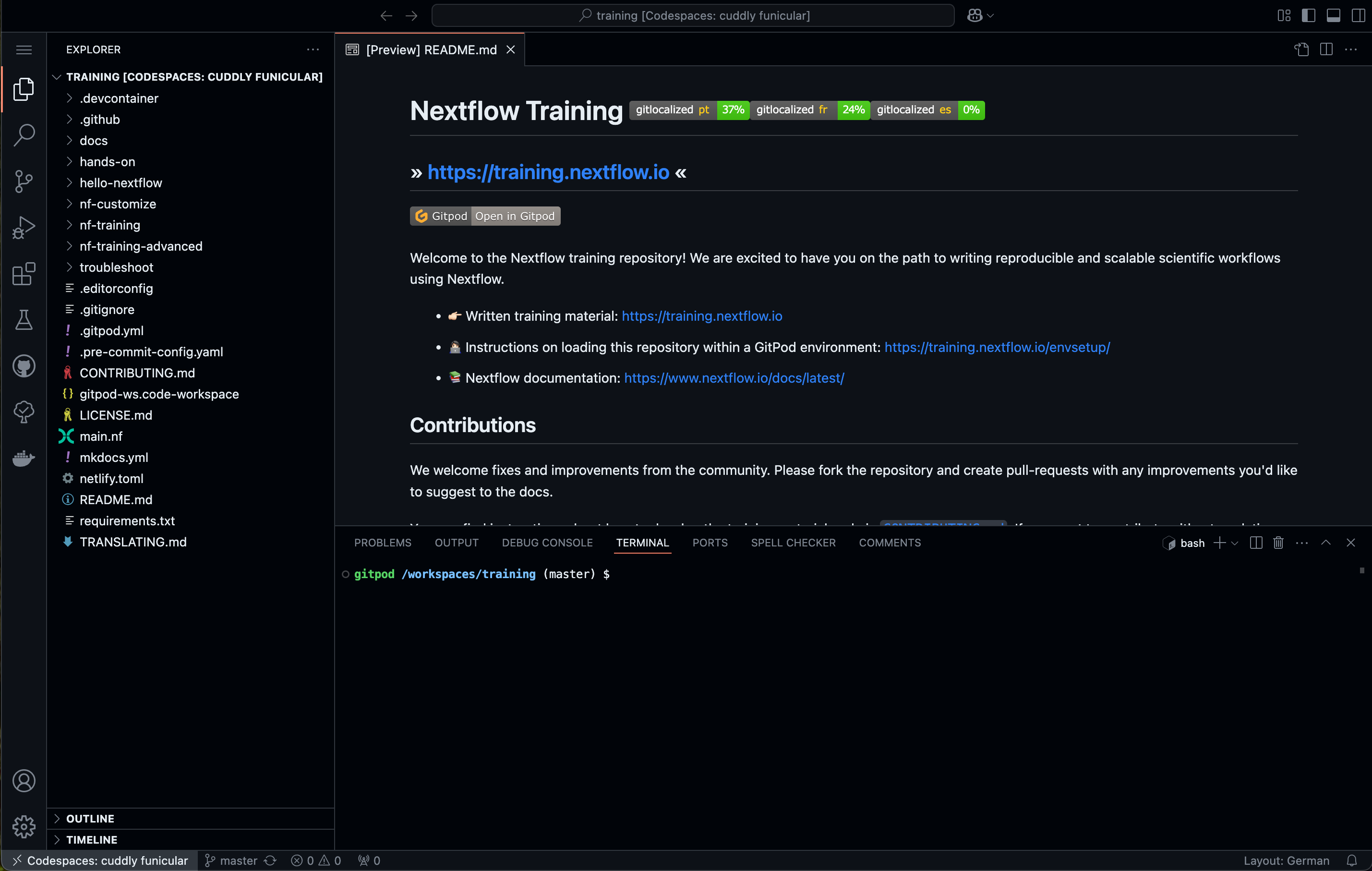 GitHub Codespaces - training.nextflow.io