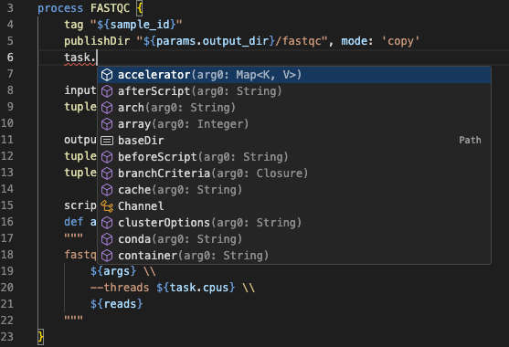 Autocompletar de propriedades de task